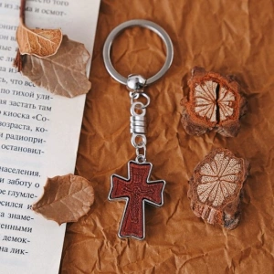 Breloc religios cruce din lemn cu figurina Isus, breloc crestin cu inel metalic pentru chei, accesoriu spiritual compact - Img 5