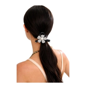 Clama par eleganta neagra cu floare decorativa si cristale stralucitoare, perla centrala, prindere puternica, arc metalic rezistent - Img 3