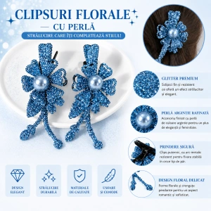 Clema de par bleu 5 x 2 cm, model floral metalizat, accesoriu chic pentru par, fixare confortabila, 1 buc - Img 2