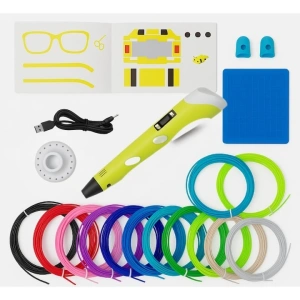Creion 3D cu filament, galben alb, set complet 1.75 mm, 20 culori, 110 m, suport silicon, sabloane, degetare, ecran LCD, temperatura reglabila, duza ceramica