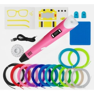 Creion 3D cu filament, roz alb, set complet 1.75 mm, 20 culori, 110 m, suport silicon, sabloane, degetare, ecran LCD, temperatura reglabila, duza ceramica