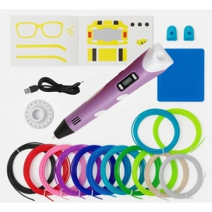 Creion 3D cu filament, violet alb, set complet 1.75 mm, 20 culori, 110 m, suport silicon, sabloane, degetare, ecran LCD, temperatura reglabila, duza ceramica