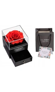Cutie de bijuterii cu trandafir criogenat, 1 sertar, punga de cadou si felicitare, 11 x 9 x 9 cm, neagra - eleganta si emotie intr-un singur cadou - Img 9
