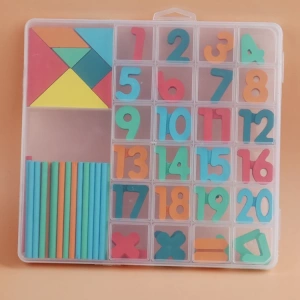 Cutie de invatare pentru copii, cifre, adunare, scadere, betisoare si forme geometrice, din lemn - Multicolor - Img 7