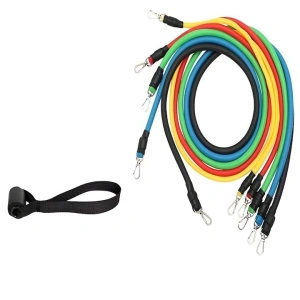 Extensor cu 5 benzi elastice de rezistenta pentru antrenament fitness, accesorii incluse, benzi din latex cu intensitati diferite, manere antiderapante, prindere la usa, saculet transport, 110 cm, mul - Img 7