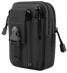 Geanta tactica neagra 18 x 12.5 x 5 cm, borseta militara Molle pentru curea, Cordura si nailon, 2 compartimente, 4 buzunare, impermeabila, capacitate 1 L