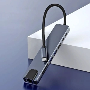 Hub adaptor multiport 8 in 1 USB-C, HDMI 4K 30Hz, Ethernet, USB 3.0, USB 2.0, Power Delivery 87W, cititor SD si MicroSD, aluminiu, gri - Img 8