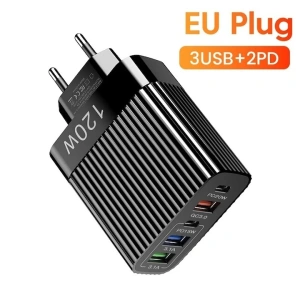 Incarcator retea 120W USB-C si USB-A 5 porturi fast charge PD universal telefon tableta negru lucios compact - Img 5