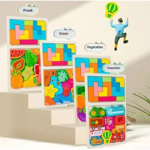 Joc educativ pentru copii, puzzle tetris, Montessori, legume colorate, lemn, 28.5 x 17 cm, varsta 3+ ani, multicolor - Img 5