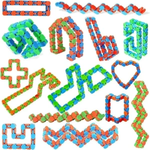 Jucarie senzoriala antistres tip sarpe cu 24 piese, fidget flexibil pentru copii si adulti, dezvoltare dexteritate si coordonare, 28 cm, albastru/portocaliu - Img 10