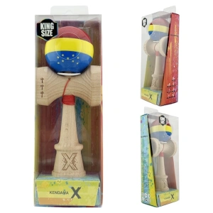 Kendama profesionala din lemn, editie Tricolor si UE, Super Sticky, cupe mari King Size V3, rulment metalic, gaura in baza, 18 cm, multicolor - Img 2