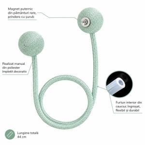 Kit 2 accesorii magnetice pentru prinderea perdelelor si draperiilor, snur textil, 44 cm, verde menta - Img 6
