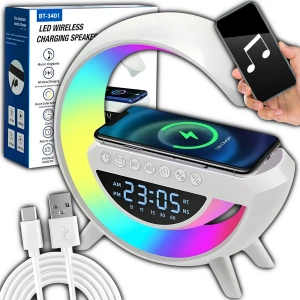 Lampa ambientala LED RGB 23.8 x 23.5 x 8 cm, incarcare wireless Qi 15W, difuzor Bluetooth, radio FM, ceas digital si alarma, 7 efecte luminoase - Img 4