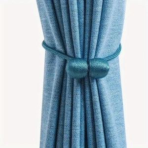 Pachet 2 suporturi magnetice pentru perdele, snur textil decorativ, poliester, 44 cm, albastru turcoaz - Img 2