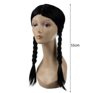 Peruca feminina lunga pentru costume si petreceri tematice, doua codite impletite, par sintetic negru, 55 cm - Img 5