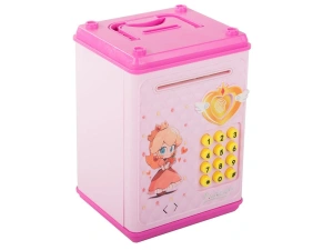 Pusculita pentru copii, tip seif, cu cod PIN, plastic, 18.5 x 13 x 11 cm, roz