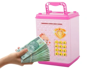 Pusculita pentru copii, tip seif, cu cod PIN, plastic, 18.5 x 13 x 11 cm, roz - Img 11