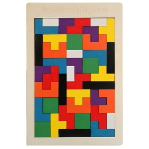 Puzzle educativ montessori multicolor 26.5 x 17.7 cm, joc din lemn cu 40 piese tip tetris, dezvoltare logica, memorie si coordonare pentru copii