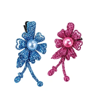 Set 2 agrafe de par bleu si roz 5 x 2 cm, model floral metalizat, accesorii moderne pentru par, fixare sigura