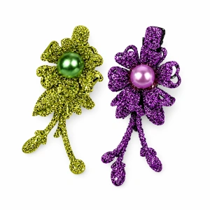 Set 2 agrafe de par verde si mov 5 x 2 cm, model floral metalizat, accesorii elegante cu design floral