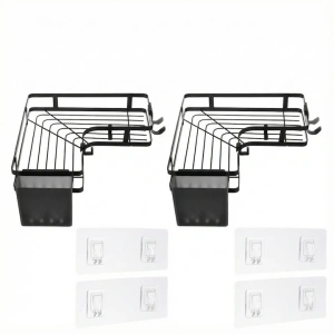 Set 2 rafturi de colt, autoadezive, pentru baie, suport si carlige pentru accesorii incluse, otel inoxidabil, 23.8 x 23.8 x 4 cm/24.8 x 24.8 x 5 cm, negru - Img 5