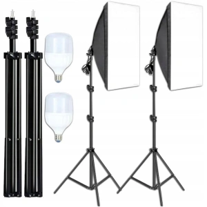 Set 2 softbox-uri profesionale cu lumina continua, 5500K, becuri 30W, trepiede reglabile 95-200 cm, difuzor textil, aluminiu si ABS, negru