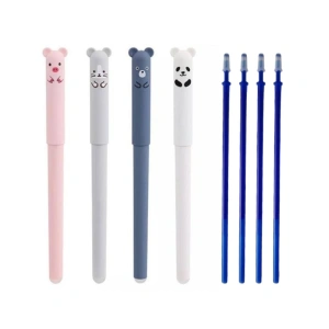 Set 4 pixuri cu cerneala albastra, functie de stergere, model cu animalute, grosime scriere 0.35 mm, multicolor, 14.5x1.5 cm, 4 rezerve incluse