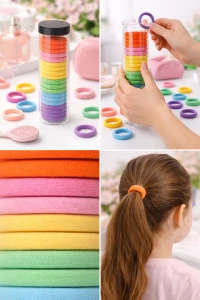 Set elastice par textile multicolore, 20 bucati, diametru 4.5 cm, tub depozitare transparent, 6 culori - Img 4