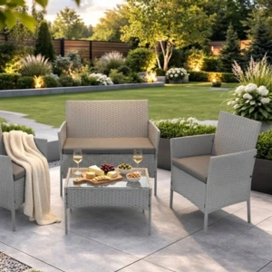 Set mobilier gradina ratan gri deschis cu canapea 2 locuri, 2 fotolii si masa sticla, perne incluse, rezistent exterior - Img 9