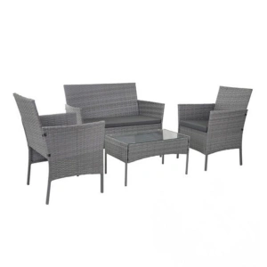 Set mobilier gradina technoratan 4 piese, canapea 2 locuri, 2 fotolii, masa cu blat sticla si perne gri inchis