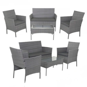 Set mobilier gradina technoratan 4 piese, canapea 2 locuri, 2 fotolii, masa cu blat sticla si perne gri inchis - Img 11