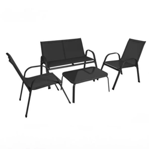 Set mobilier pentru balcon si terasa, canapea 2 locuri, 2 scaune si masuta cu blat din sticla securizata, cadru metalic, negru