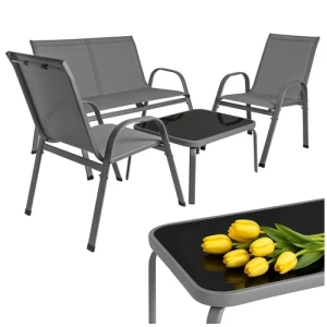 Set mobilier pentru balcon si terasa, canapea 2 locuri, 2 scaune si masuta cu blat din sticla securizata, cadru metalic, gri - Img 4