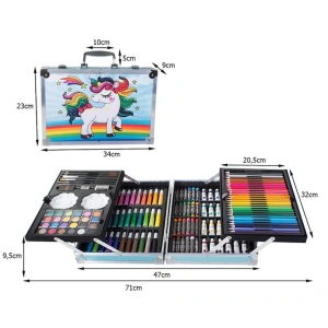 Set pictat si desen, 145 piese, gentuta depozitare stil gemantan, model Unicorn si curcubeu, albastru, 34 x 23 x 9 cm - complet, colorat si usor de transportat pentru micii artisti - Img 10