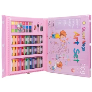 Set,trusa completa pentru copii,desenat,colorat si pictat,208 piese,trusa inclusa - Roz - Img 2