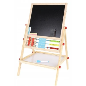 Tabla cu doua fete tip sevalet cu tavita depozitare, numaratoare, ceas, numere, marker, creta si burete incluse, dimensiune 34x42x65 cm