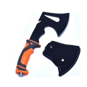 Topor multifunctional pentru camping din otel 420, maner ergonomic cauciucat antialunecare, cu husa protectie, 29.5 cm, portocaliu - Img 2