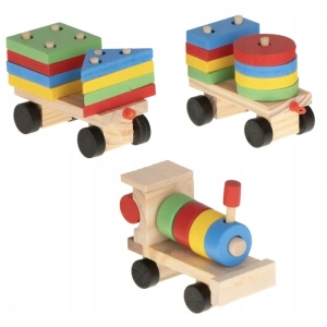 Trenulet de jucarie din lemn, 30 cm, multicolor - cu forme geometrice, puzzle arcade, locomotiva + 2 vagoane, blocuri detasabile, pentru copii 3+ - Img 4