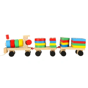 Trenulet de jucarie, locomotiva cu 2 vagoane, lemn, forme geometrice, 30 x 9 x 6 cm, multicolor - Img 9