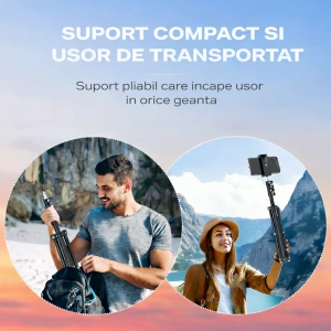 Trepied extensibil 210 cm din aluminiu cu suport reglabil pentru telefon si montura camera, stativ pliabil pentru foto video si iluminare, negru - Img 5