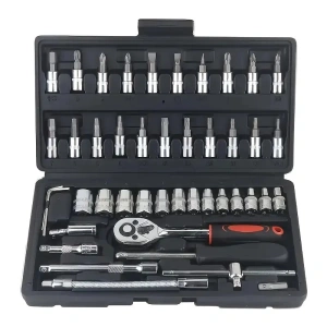 Trusa de scule cu 46 piese, surubelnita, clichet, chei tubulare, biti, torx, imbus, prelungitor, maner ergonomic, cutie compacta, neagra