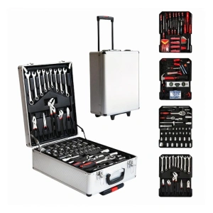 Trusa profesionala de scule, 187 piese, organizare eficienta in troller din aluminiu cu roti si maner telescopic, negru-rosu - Img 3