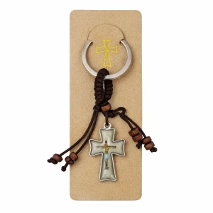 Breloc religios cu cruce si figurina Isus, accesoriu crestin cu snur textil si margele din lemn, breloc pentru chei sau rucsac