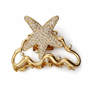 Clema par eleganta aurie cu stea decorativa si cristale stralucitoare, perle albe, prindere puternica, arc metalic rezistent - Img 3