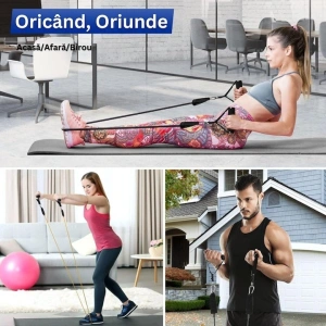 Extensor cu 5 benzi elastice de rezistenta pentru antrenament fitness, accesorii incluse, benzi din latex cu intensitati diferite, manere antiderapante, prindere la usa, saculet transport, 110 cm, mul - Img 4