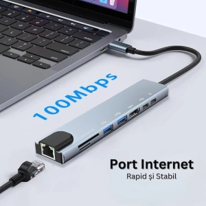 Hub adaptor multiport 8 in 1 USB-C, HDMI 4K 30Hz, Ethernet, USB 3.0, USB 2.0, Power Delivery 87W, cititor SD si MicroSD, aluminiu, gri - Img 5