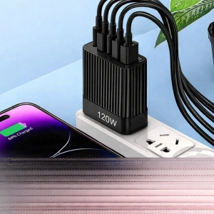 Incarcator retea 120W USB-C si USB-A 5 porturi fast charge PD universal telefon tableta negru lucios compact - Img 2