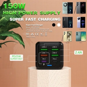 Incarcator retea 150W USB-C si USB-A 6 porturi fast charge cu display LED universal telefon laptop negru compact - Img 9