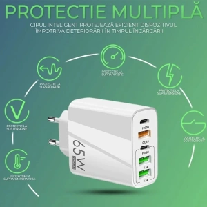 Incarcator retea 65W USB-C si USB-A 5 porturi fast charge PD QC universal telefon laptop alb compact - Img 4