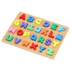 Joc educativ din lemn multicolor 30 x 23 x 0.5 cm, tabla alfabet cu 26 litere, puzzle incastru pentru copii, invatare litere si culori, 3+ ani - Img 2